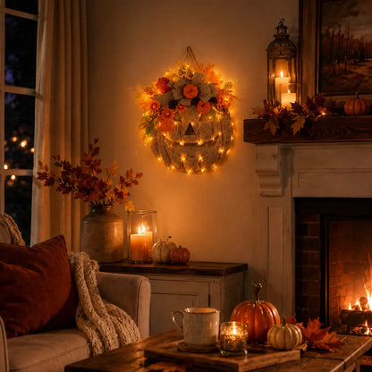 Lighted Burlap Pumpkin Wreath 🎃✨ Cozy Fall Door Decor with Warm LED String Lights