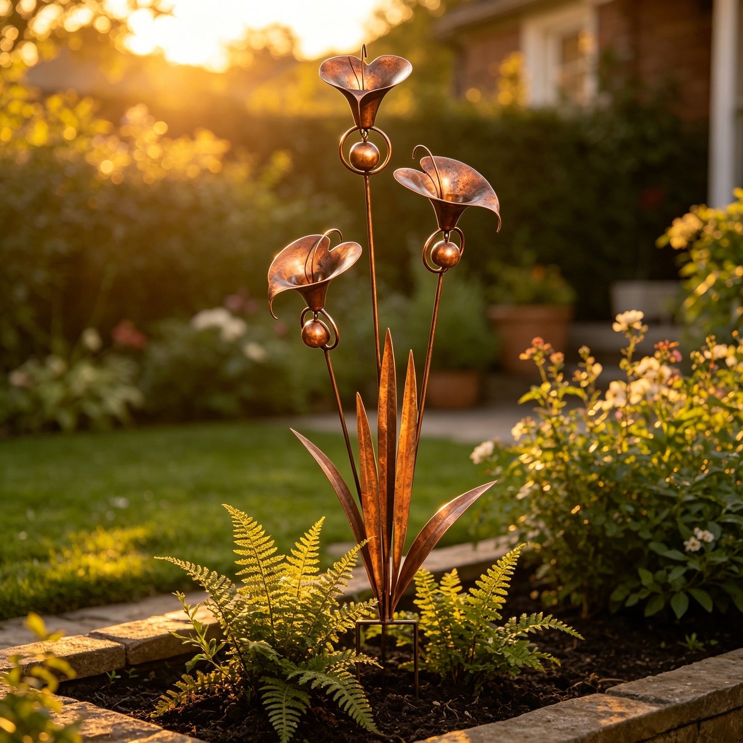 Flamed Copper Three Calla Lilies Garden Stake with Bells