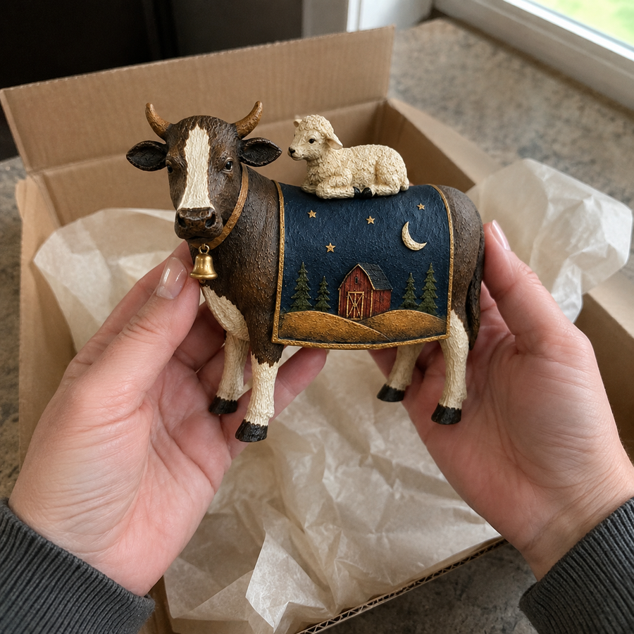 Customer unboxing photo of the cow and lamb keepsake