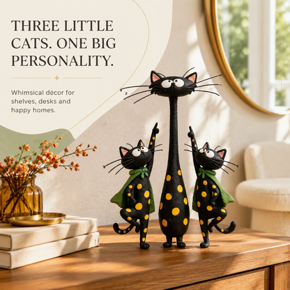 The Curious Cat Trio – Whimsical Black Cat Figurine Set