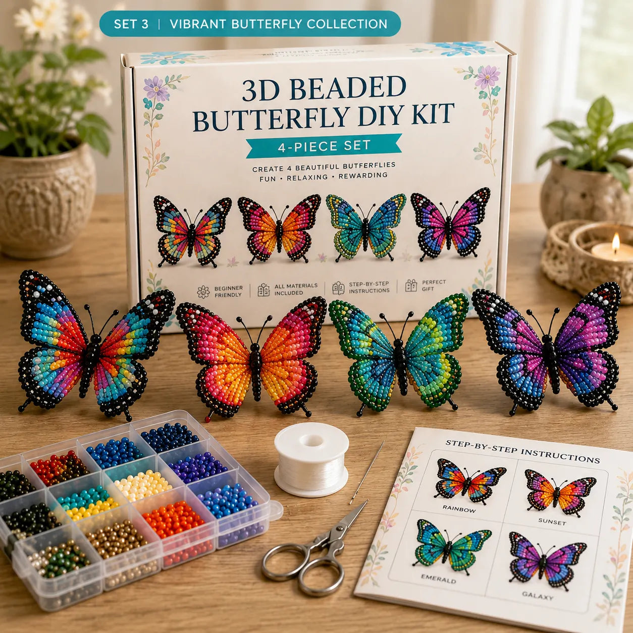 3D Beaded Butterfly DIY Kit – 4-Piece Handmade Butterfly Craft Set