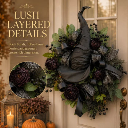 🧙Premium Gothic Black Rose Witch Hat Wreath – Haunting Elegant Halloween Front Door Statement Decor