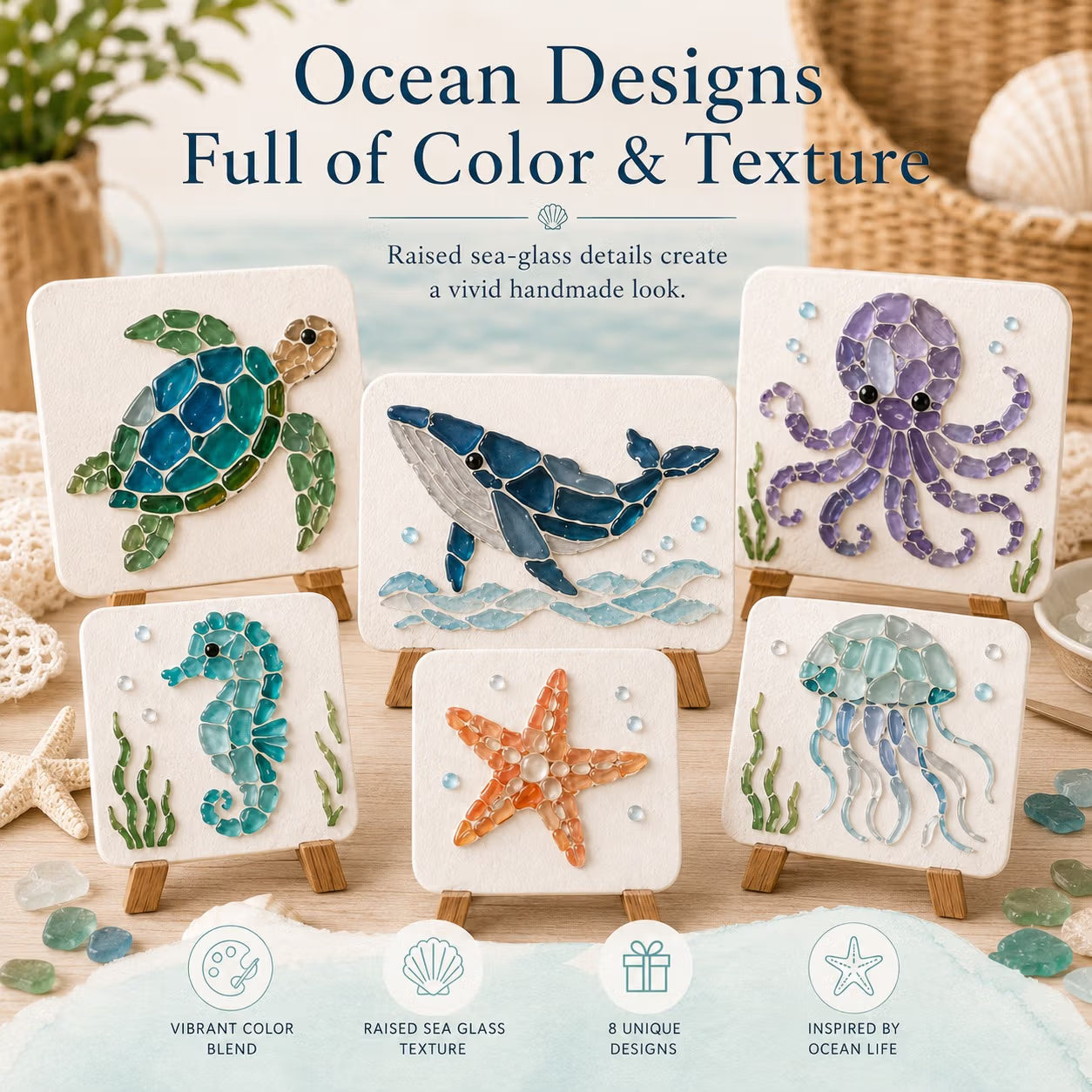 🐋🌊 DIY Sea Glass Mosaic Art Kit – Create Beautiful Ocean-Inspired Artwork with Colorful Glass Pieces