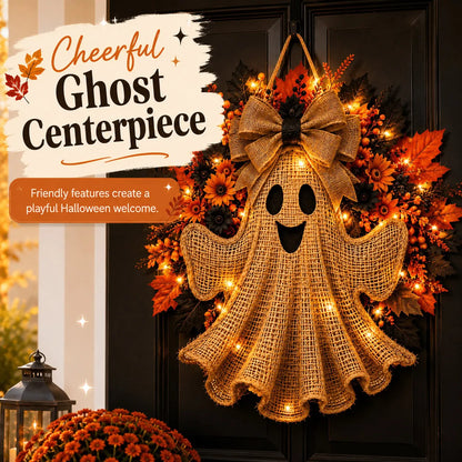 Lighted Halloween Ghost Wreath with Autumn Leaves