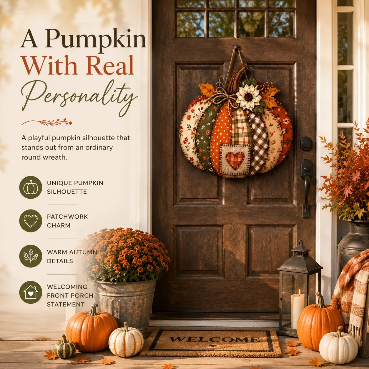 🍂🎃Autumn Retro Patchwork Pumpkin Door Hanging with Lights