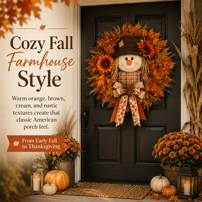 🍂🌻 Lighted Scarecrow Fall Wreath for Front Door