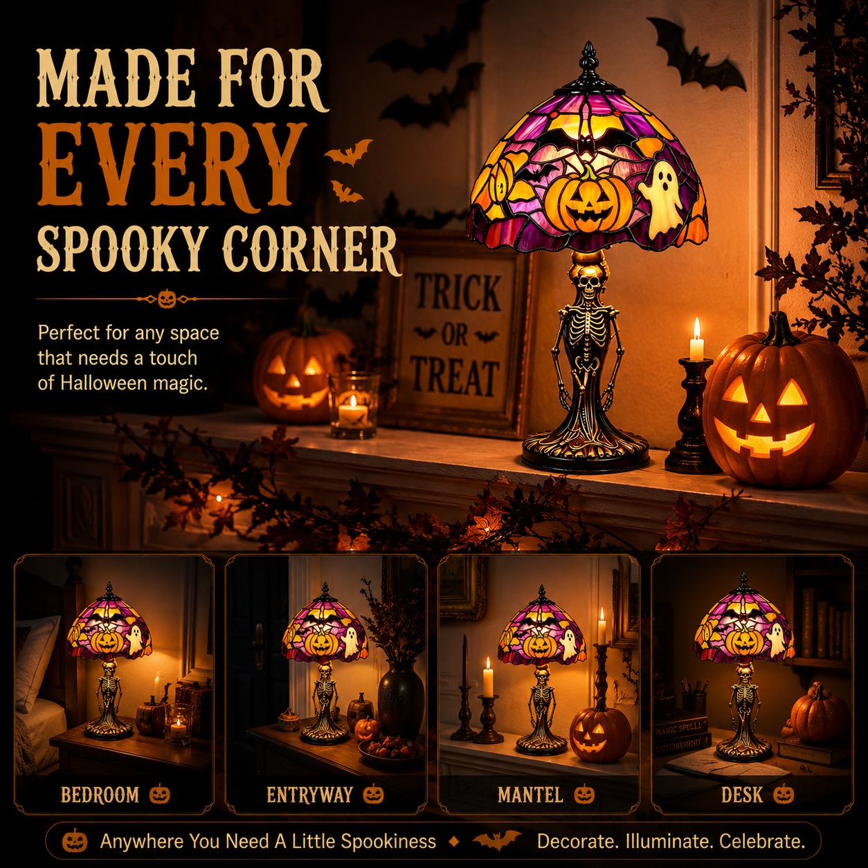 🎃 Halloween Stained Glass Skeleton Table Lamp | USB Gothic Night Light