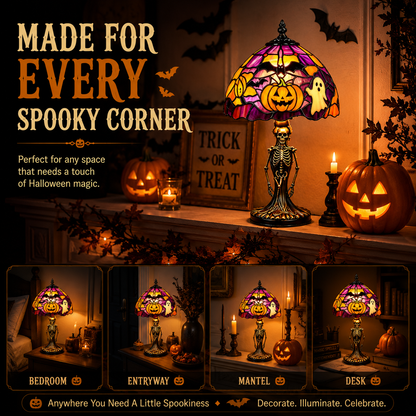 🎃 Halloween Stained Glass Skeleton Table Lamp | USB Gothic Night Light