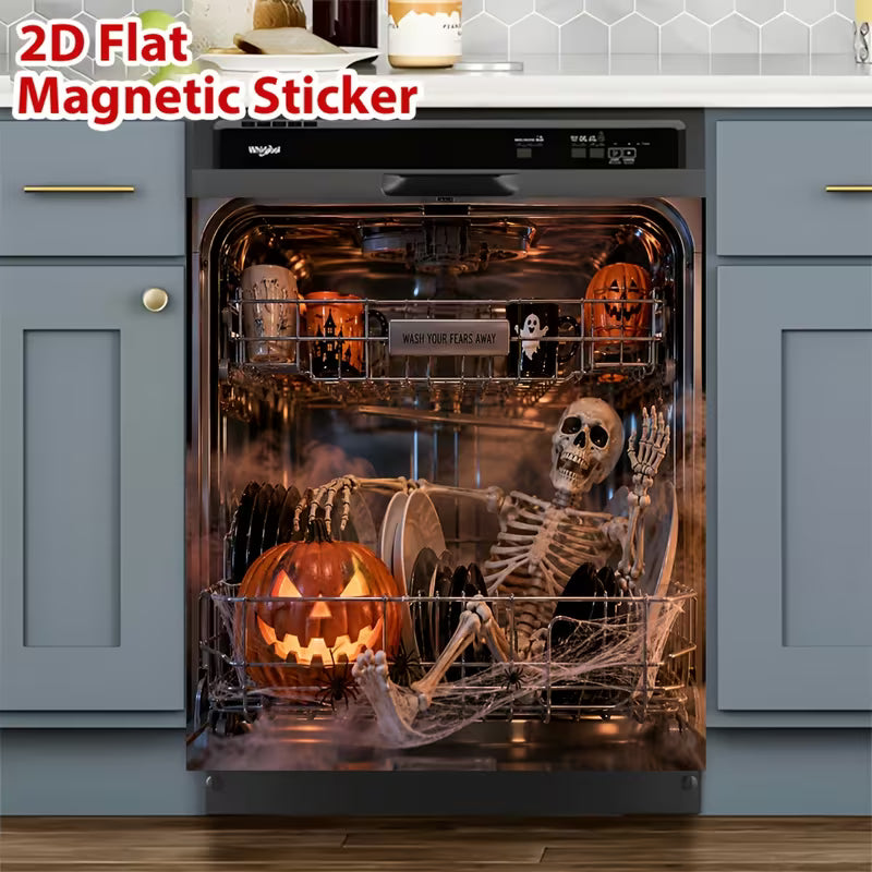 Reusable Halloween-Themed Magnetic Dishwasher Cover – Kitchen Decor for a Spooky Atmosphere
