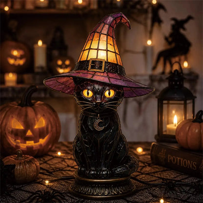 🐈 Gothic Stained Glass Witch Black Cat Table Lamp | Halloween Witch Hat Night Light Decor