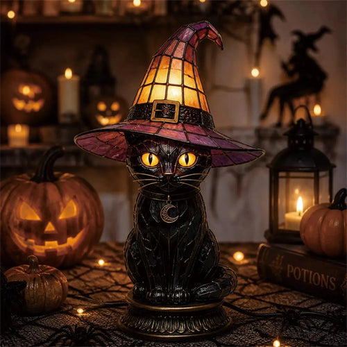🐈 Gothic Stained Glass Witch Black Cat Table Lamp | Halloween Witch Hat Night Light Decor