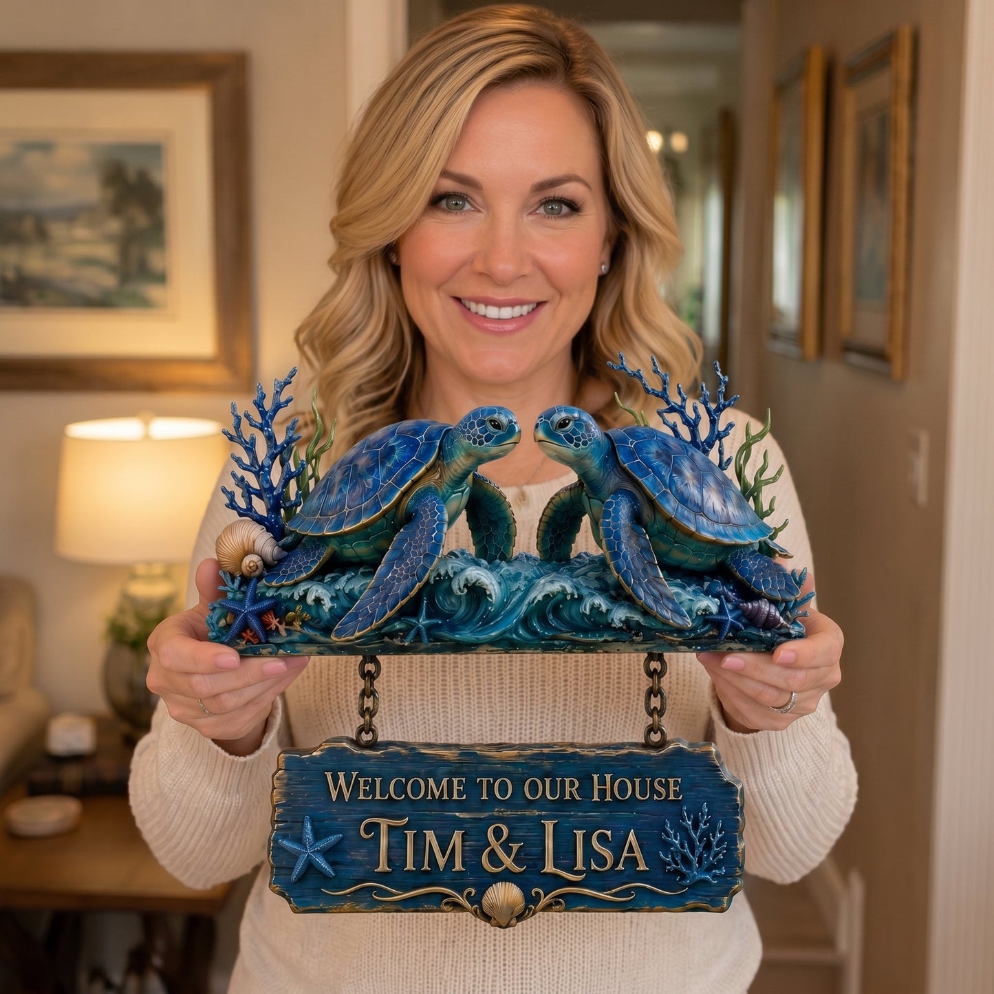 🐢 Personalized Nautical Sea Turtle Welcome Sign – Coastal Wall Decor for Home