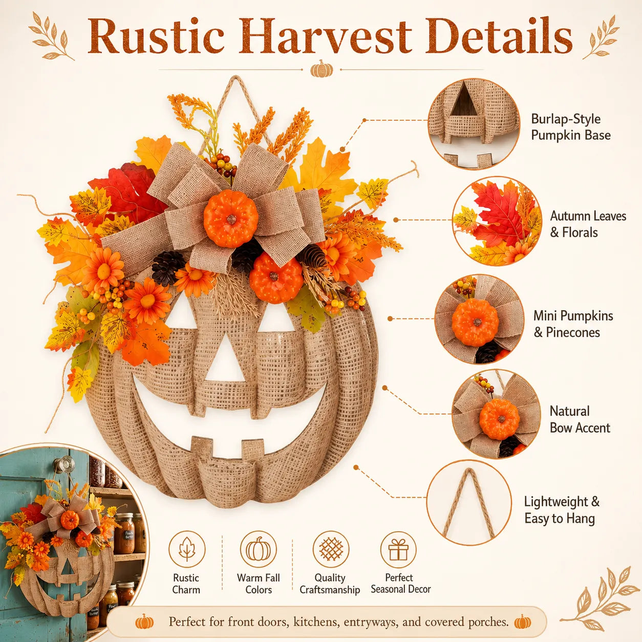Lighted Burlap Pumpkin Wreath 🎃✨ Cozy Fall Door Decor with Warm LED String Lights