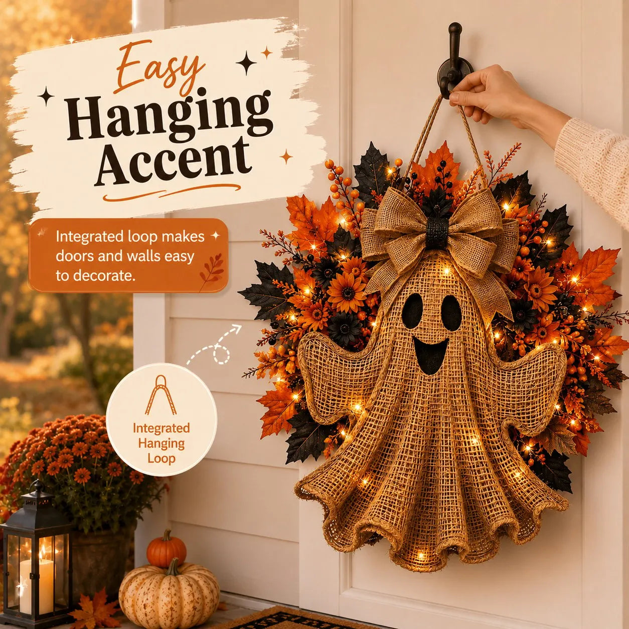 Lighted Halloween Ghost Wreath with Autumn Leaves