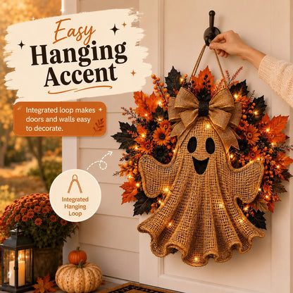 Lighted Halloween Ghost Wreath with Autumn Leaves
