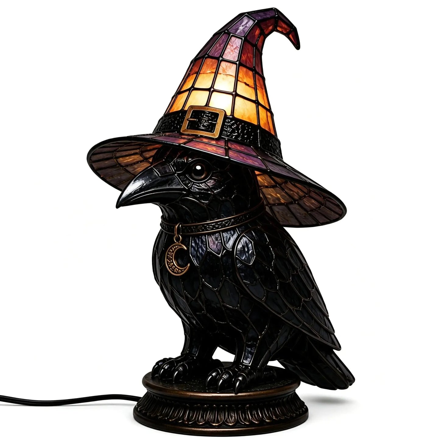 🐈 Gothic Stained Glass Witch Black Cat Table Lamp | Halloween Witch Hat Night Light Decor