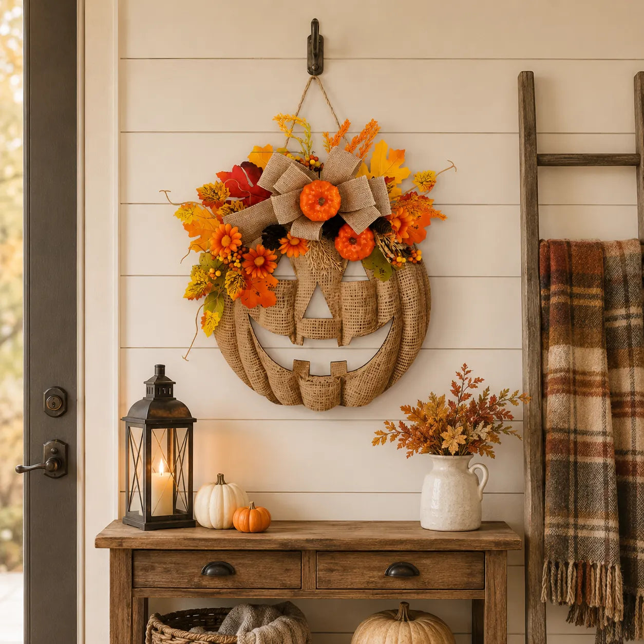 Lighted Burlap Pumpkin Wreath 🎃✨ Cozy Fall Door Decor with Warm LED String Lights
