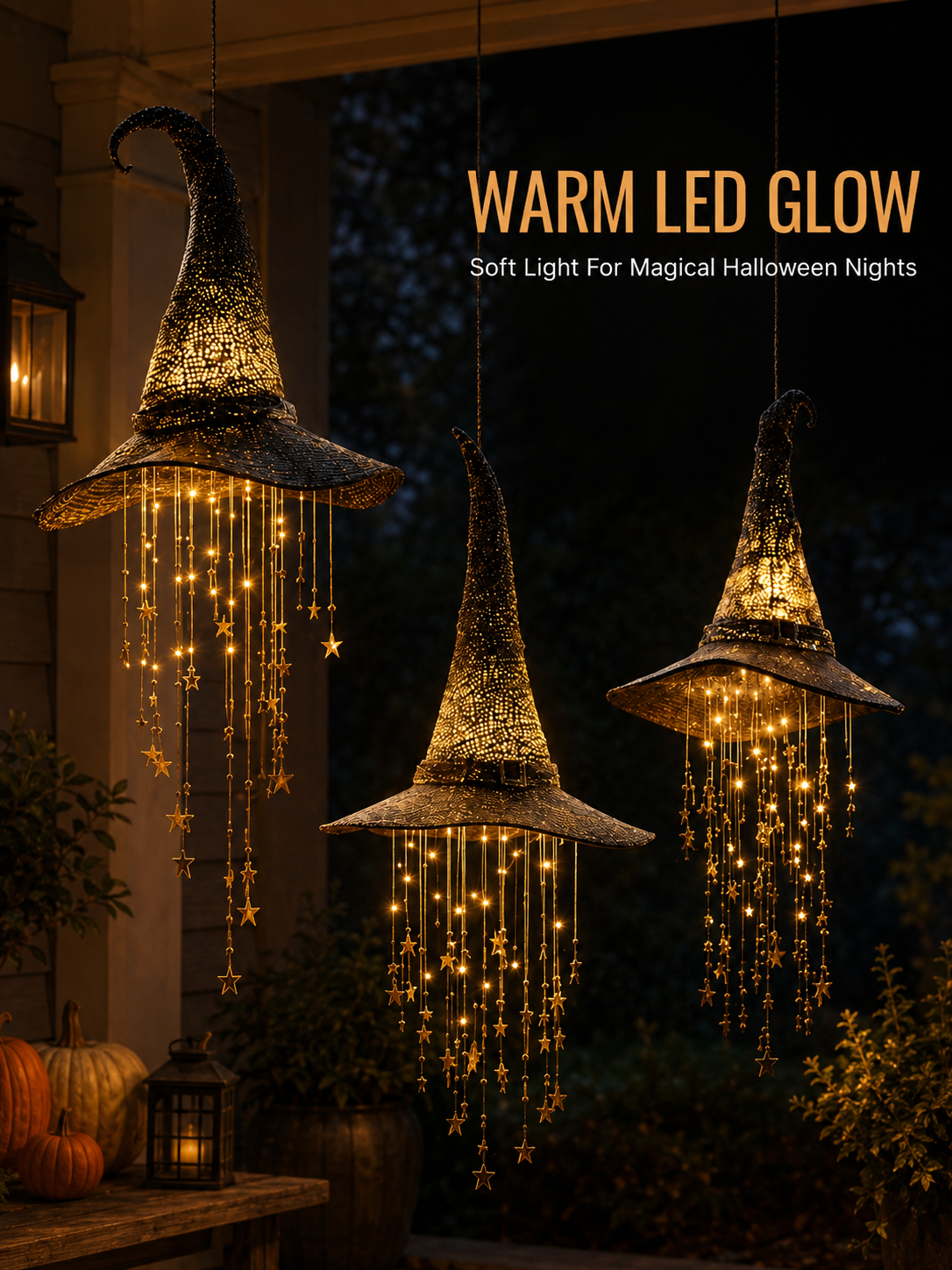 3-Piece Lighted Witch Hat Set with Cascading Stars