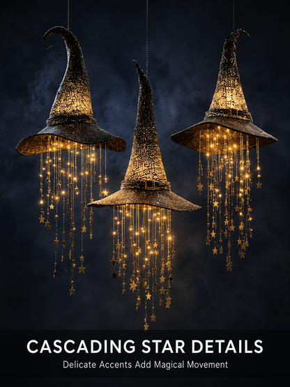 3-Piece Lighted Witch Hat Set with Cascading Stars