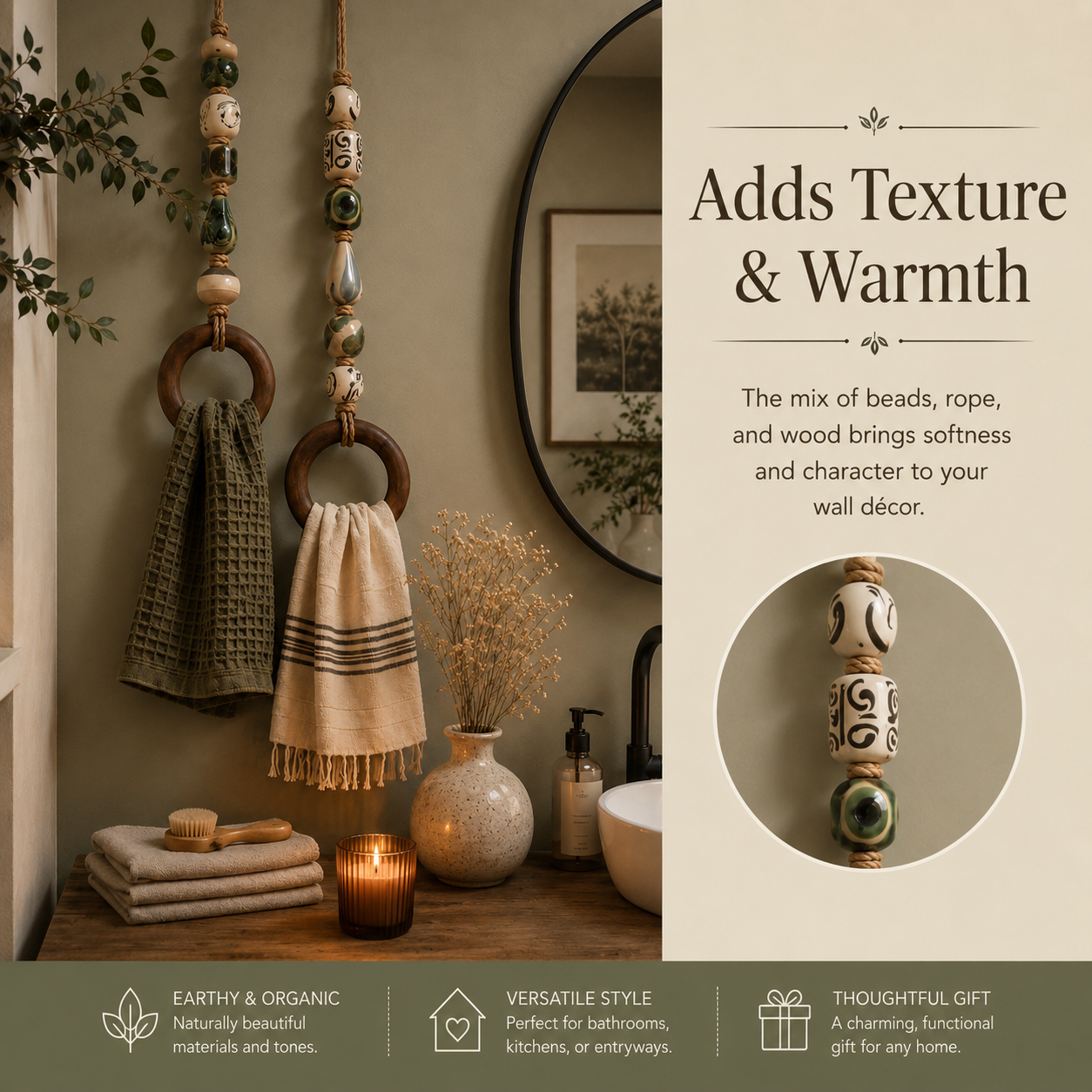 🔥LAST DAY 58% OFF-2027 Fellime®Decorative Beaded Towel Hanger with Wooden Ring