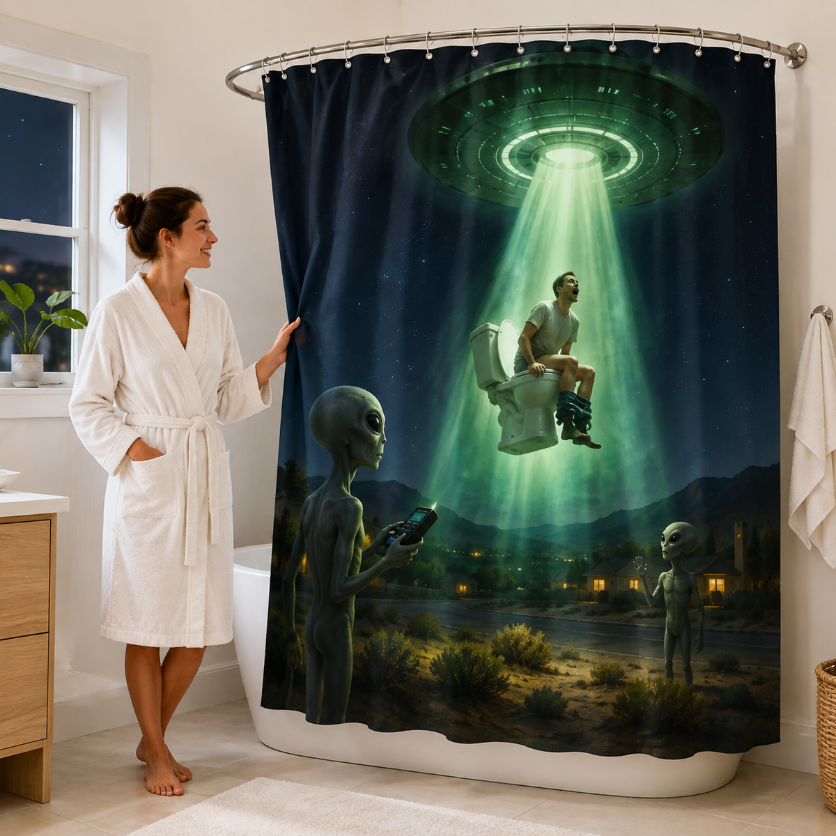 Style C UFO Alien Shower Curtain