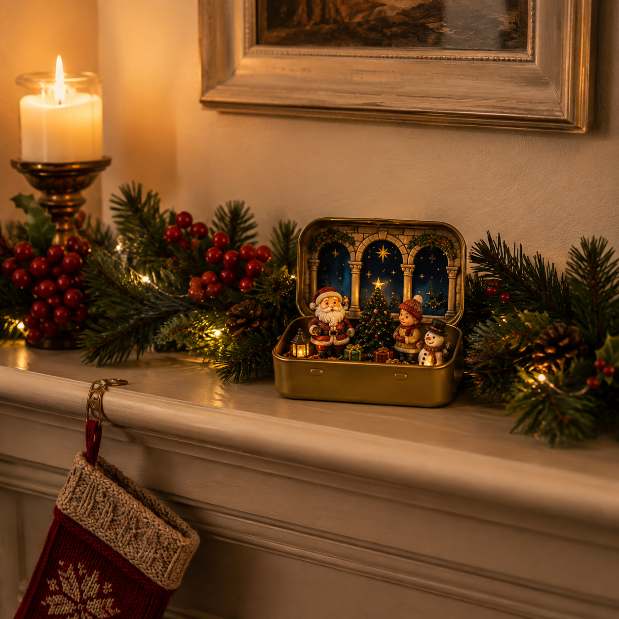 Tiny Christmas Wonderland displayed on fireplace mantel
