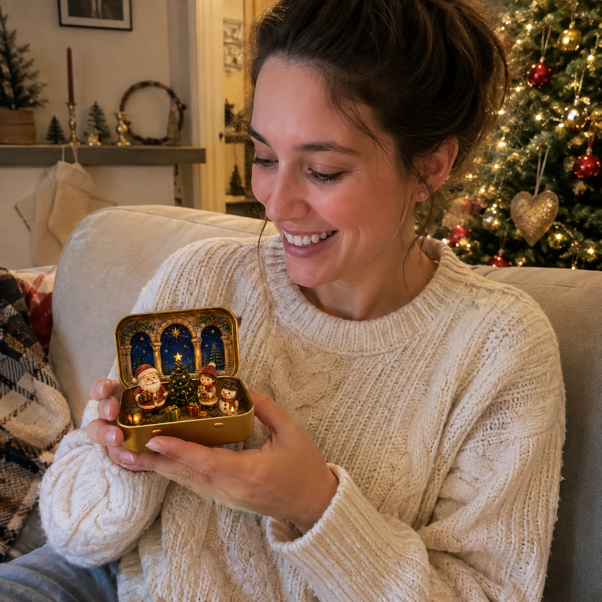 Woman holding Tiny Christmas Wonderland in a Tin