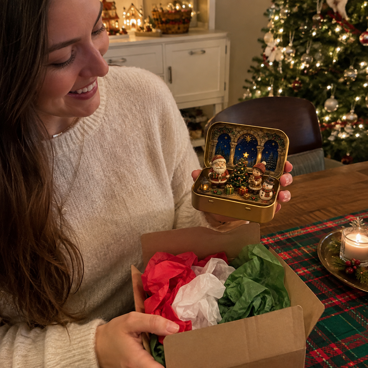 Woman opening Tiny Christmas Wonderland gift