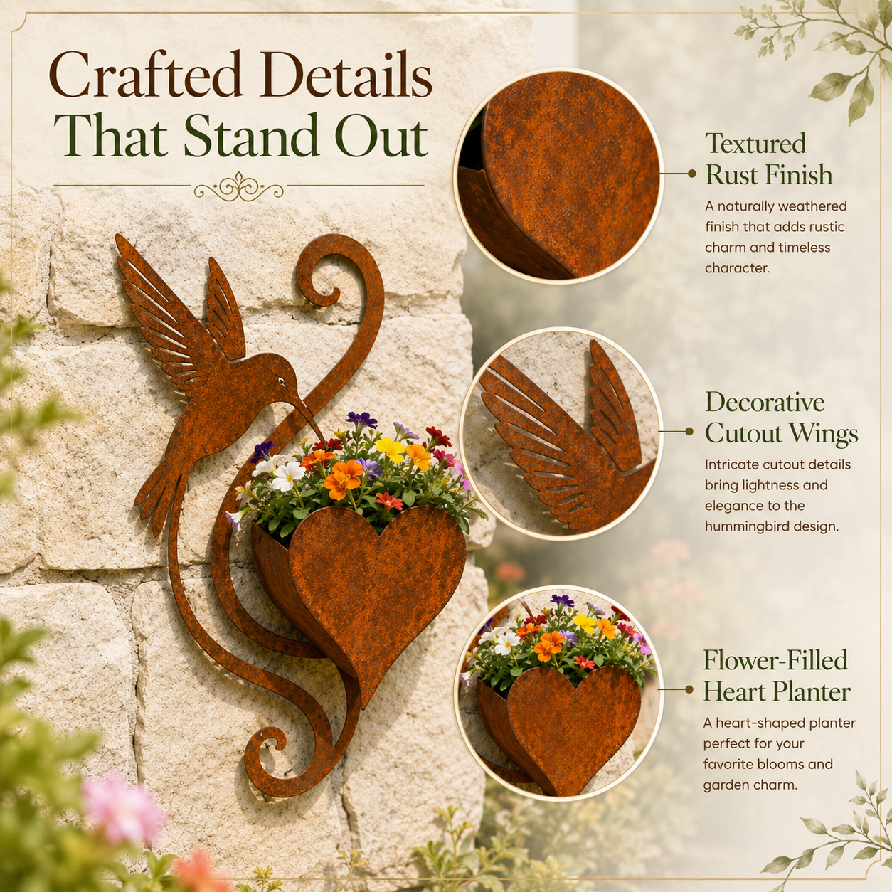 Detailed close-up of hummingbird flower wall planter