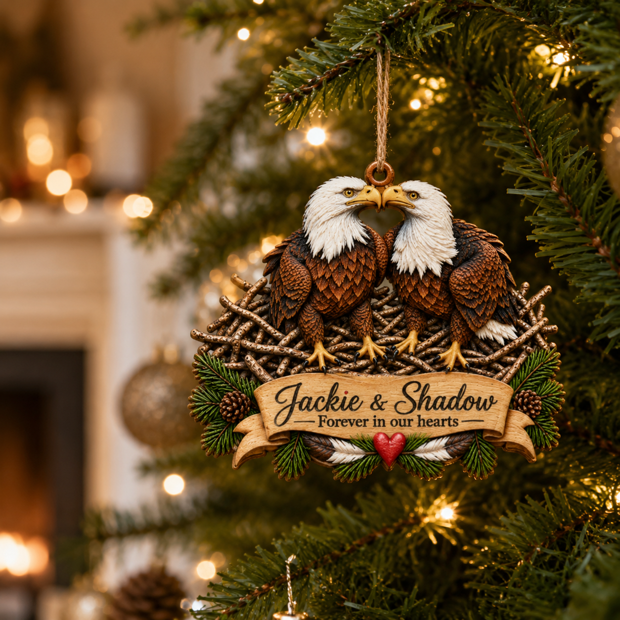 Jackie and Shadow ornament hanging on Christmas tree