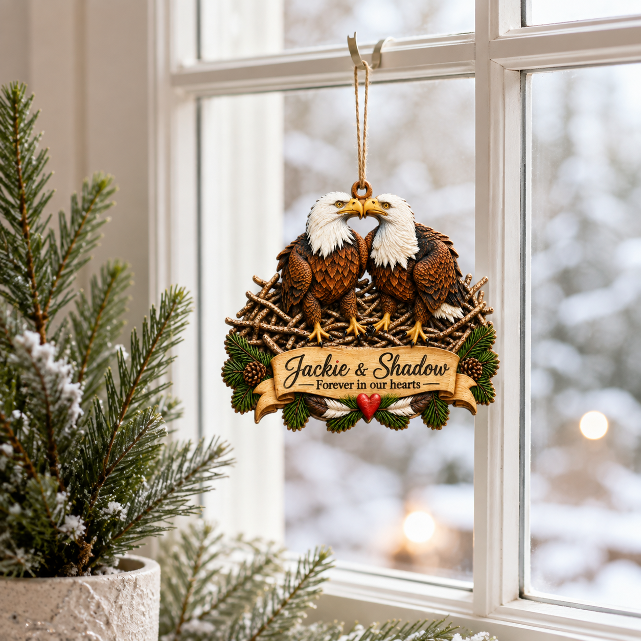 Jackie and Shadow ornament hanging by a window