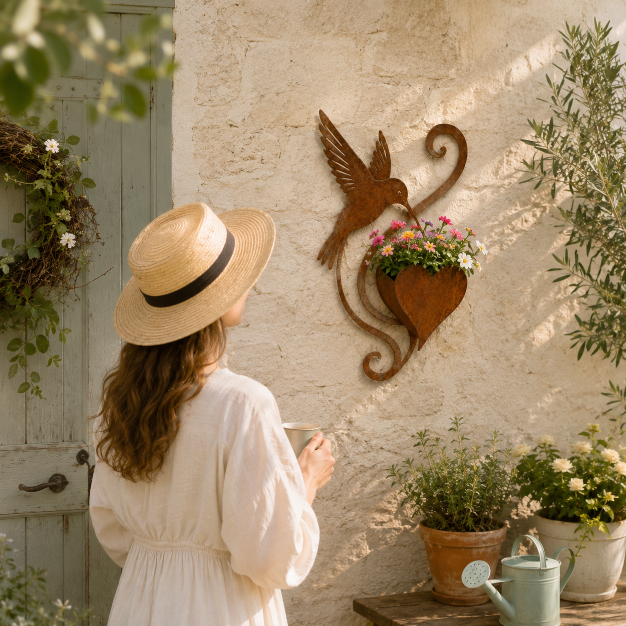 Woman admiring hummingbird wall planter