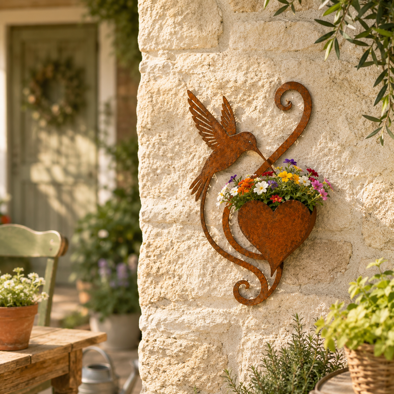 Hummingbird planter in cottage garden