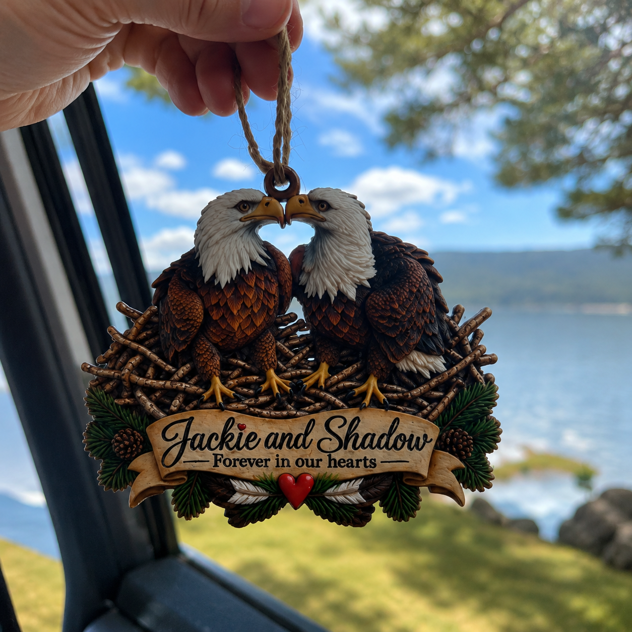 Customer displaying Jackie and Shadow ornament near window
