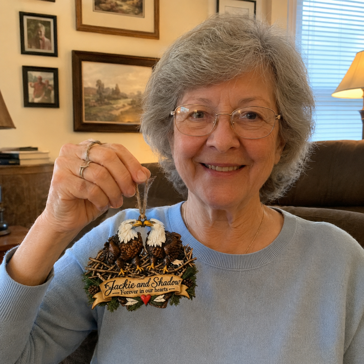 Customer showing Jackie and Shadow ornament at home