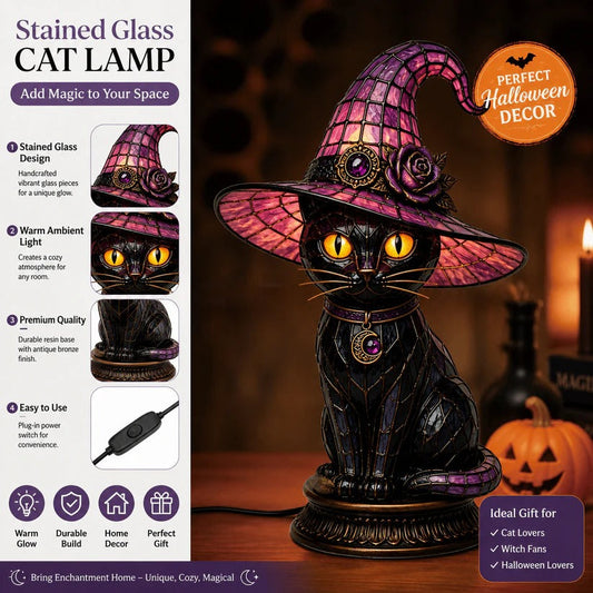 Gothic Stained Glass Witch Black Cat Table Lamp | Halloween Witch Hat Night Light Decor