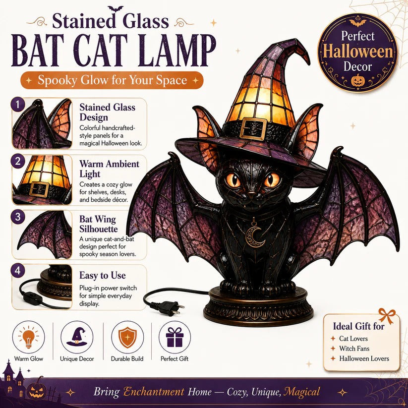 Gothic Stained Glass Witch Black Cat Table Lamp | Halloween Witch Hat Night Light Decor