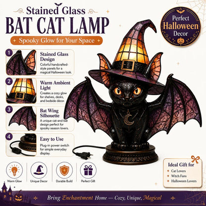 Gothic Stained Glass Witch Black Cat Table Lamp | Halloween Witch Hat Night Light Decor