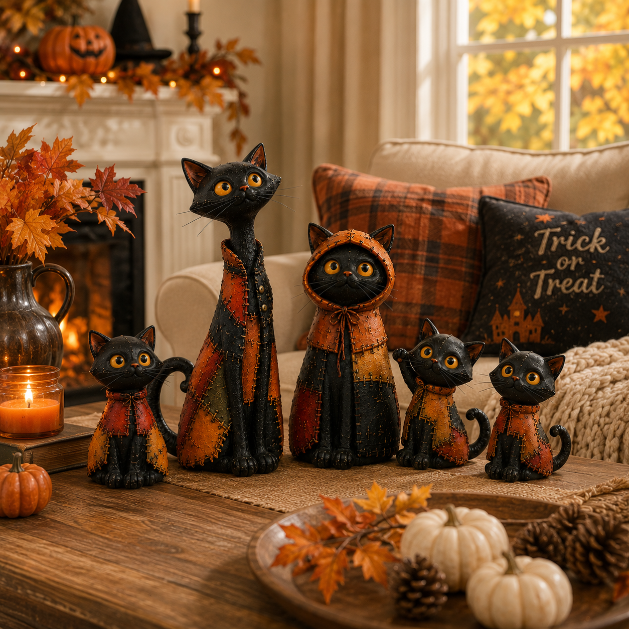 Whimsical Patchwork Black Cat Family