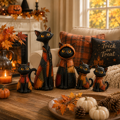 Whimsical Patchwork Black Cat Family