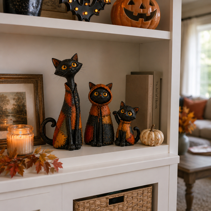 Whimsical Patchwork Black Cat Family