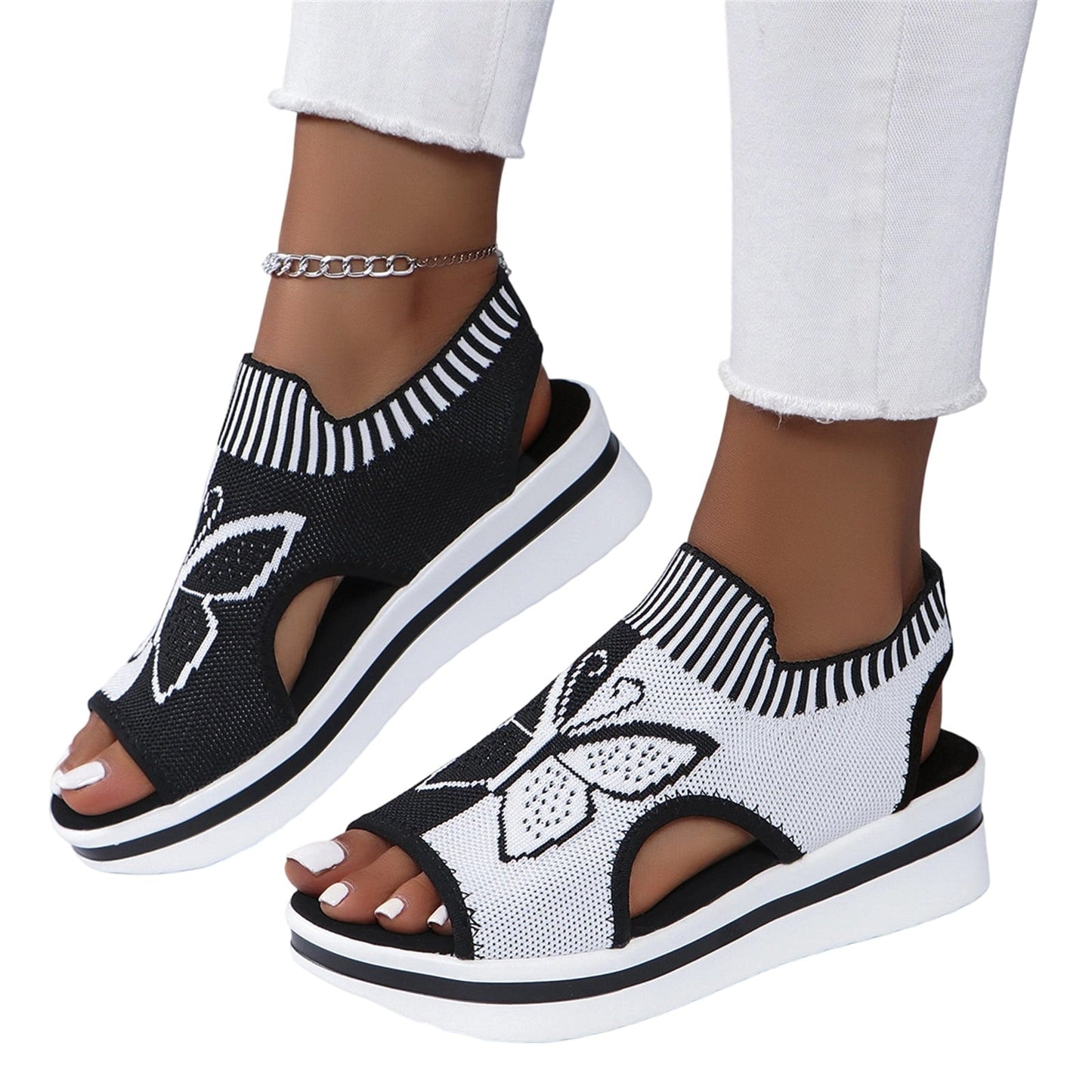 Norvail Woven Butterfly Cutout Toe Sandals ,Casual Breathable Butterfly Slip On Platform Sneaker Sandals, Thick Sole Peep Toe Summer Walking Casual Beach Sandals, Vacation Shoes for Women Summer