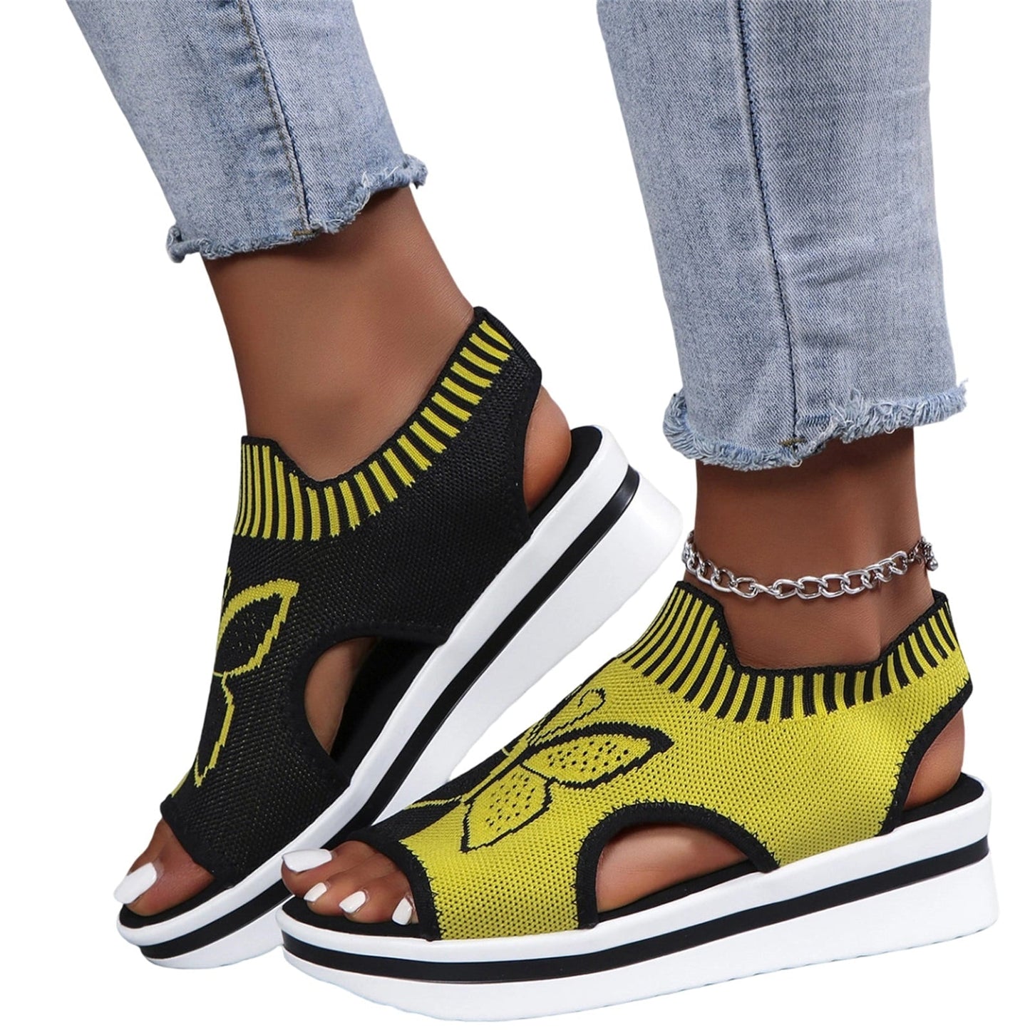 Norvail Woven Butterfly Cutout Toe Sandals ,Casual Breathable Butterfly Slip On Platform Sneaker Sandals, Thick Sole Peep Toe Summer Walking Casual Beach Sandals, Vacation Shoes for Women Summer