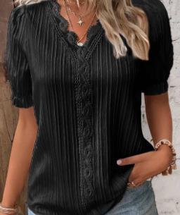 V Neck Plain Lace Elegant Shirt