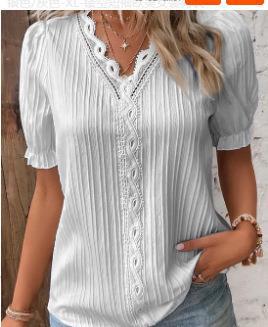 V Neck Plain Lace Elegant Shirt
