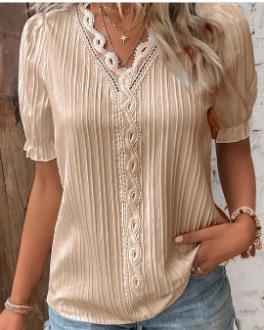 V Neck Plain Lace Elegant Shirt