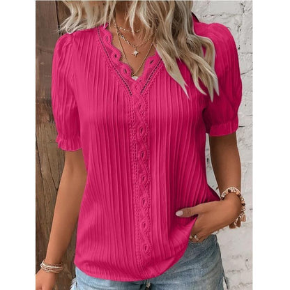 V Neck Plain Lace Elegant Shirt
