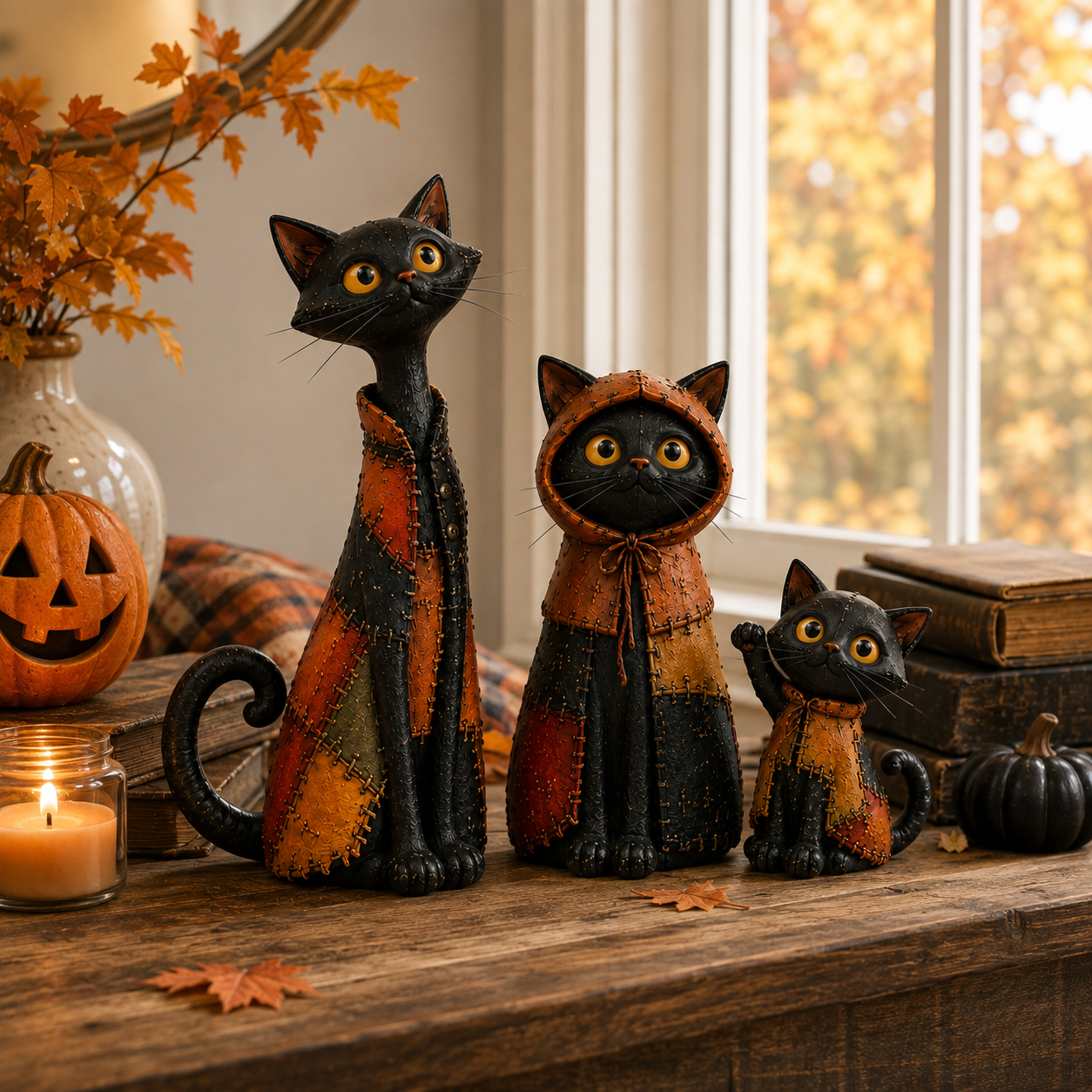 Whimsical Patchwork Black Cat Family