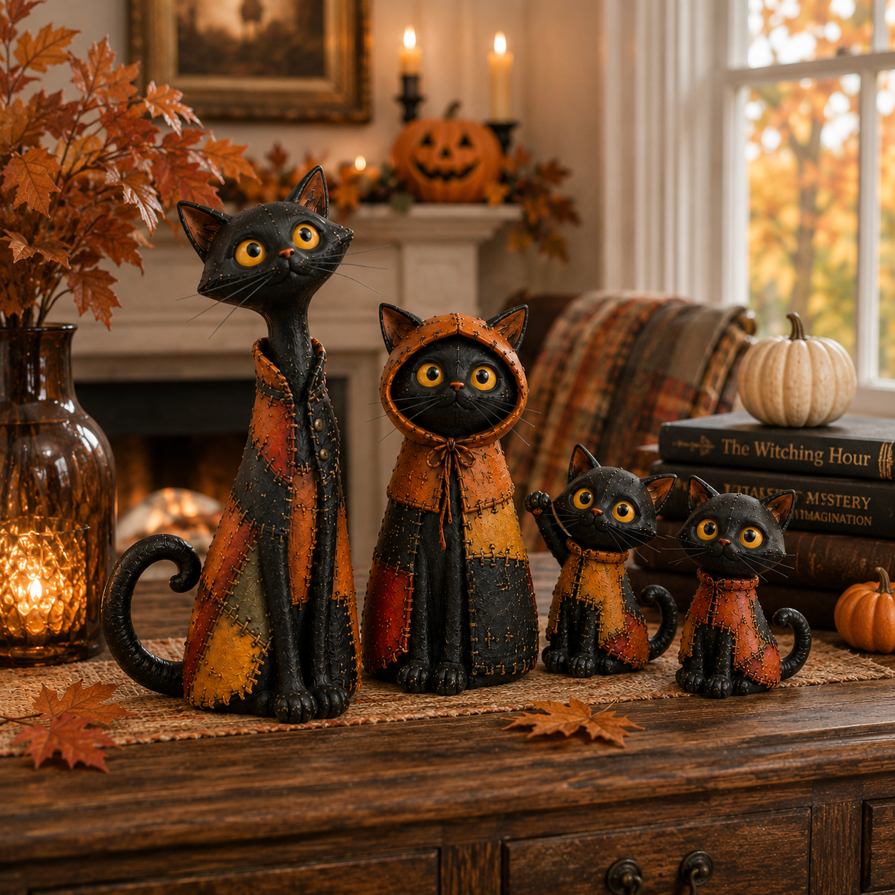 Whimsical Patchwork Black Cat Family