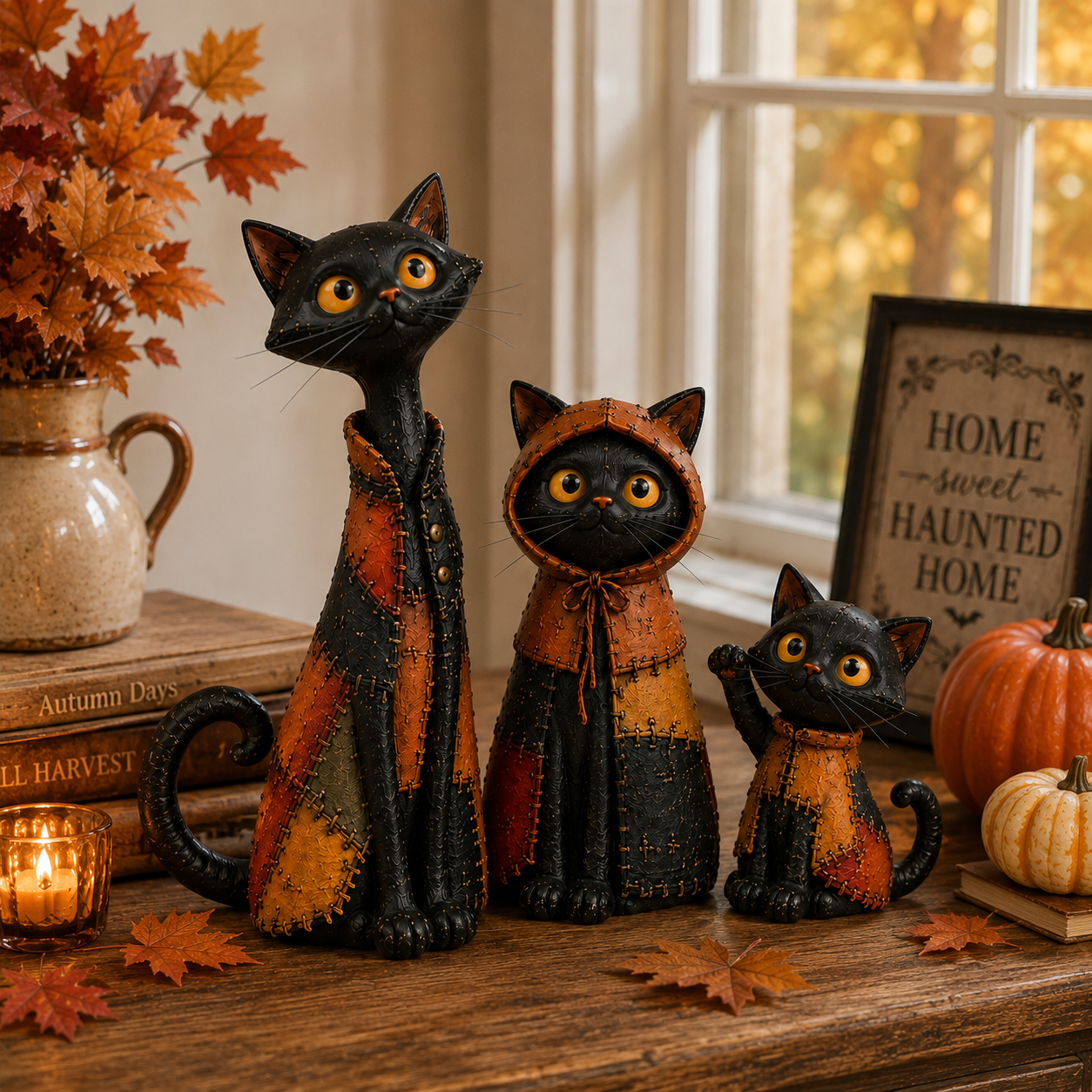 Black cat family styled on autumn console table